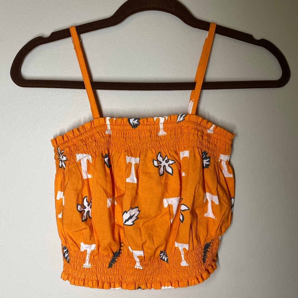 Orange Smocked Floral-Print Cropped Tank Top